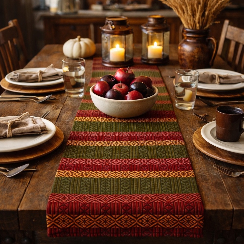 Tag Woven Cotton Table Runner 72x13 Southwest Geometric Green Red Yellow‎ India